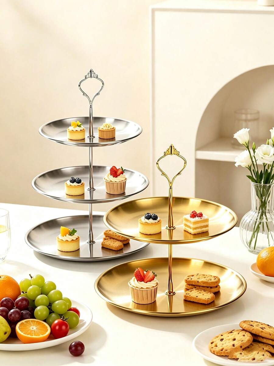 3pcs/4pcs (2-Tier/3-Tier + Accessory Set) Stainless Steel Multi-Layer Dessert Stand, Easy To Clean And Desktop Storage Display Rack, Stable And Rust-Proof, Space-Saving Party Holiday Table Organizer, Suitable For Cakes, Pastries And Seasonal Fruits. Perfect Practical Gift For Baking Enthusiasts Or Party Lovers, Christmas, Back To School Season.