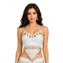 Women Halter Sequin Mesh Belly Dance Crop Top, Gold Coin Fringe Dangling Beads Performance Costume Top For Rave Festival Club Halloween, Multiple Colors Available - Multicolor - View 8