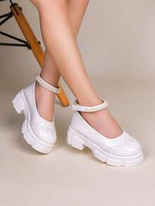 New White Pearl Ankle Strap Platform Mary Jane Shoes, Vintage Style, Versatile Comfortable Thick Sole For Girls - White - View 2