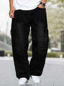 Men's Fashion Distressed Patchwork Embroidered Wide Leg Plus Size Jeans - Black - View 4