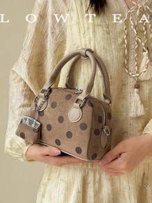 low tea 1pc Polka Dot Bowling Bag PU Fabric Handbag With Adjustable Shoulder Strap, Suitable For Commuting, Shopping And More - Light Khaki - View 12