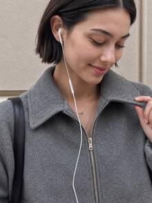 OUTTA BOX Dark Gray Zippered Turn-Down Collar Long Sleeve Elastic Hem Casual Pocket Tweed Women's Jacket Top, Suitable For Daily Outings In Autumn - Dark Grey - View 2