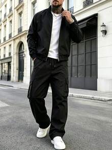 Men's Spring/Autumn Baseball Jacket & Cargo Pants Set - Black - View 5