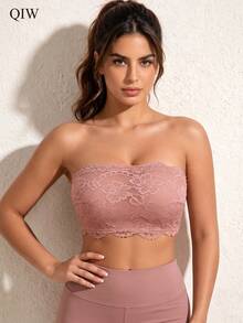 1pc Women's Non-Slip Criss-Cross Back Lace Bandeau Bra, Wireless, No Padding, Lightweight - Apricot - View 3