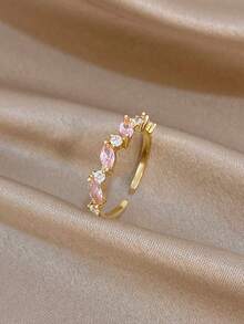 1Pc/Set Elegant Gold Plated Pink Floral Marquise Zirconia Open Ring,Jewelry Set For Women,Party,Daily,Christmas,Wedding,Boho,Valentine Birthday Gifts - Multicolor - View 8