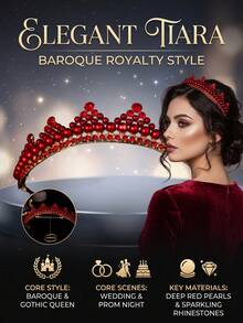1pc Vintage Red Rhinestone Pearl Crown Baroque Bridal Tiara Hair Accessories For Women Wedding Prom Birthday Party Halloween - Red - View 3