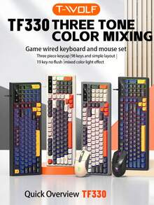 T-WOLF Set Keyboard dan Mouse Gaming, Keyboard dan Mouse Berkabel dengan Lampu Latar, Keyboard Kantor/Rumah Berkabel 98 Tombol dengan Blok Warna Kustomisasi Cetakan Pribadi, 6 Buah Mouse Multi-Warna - View 1