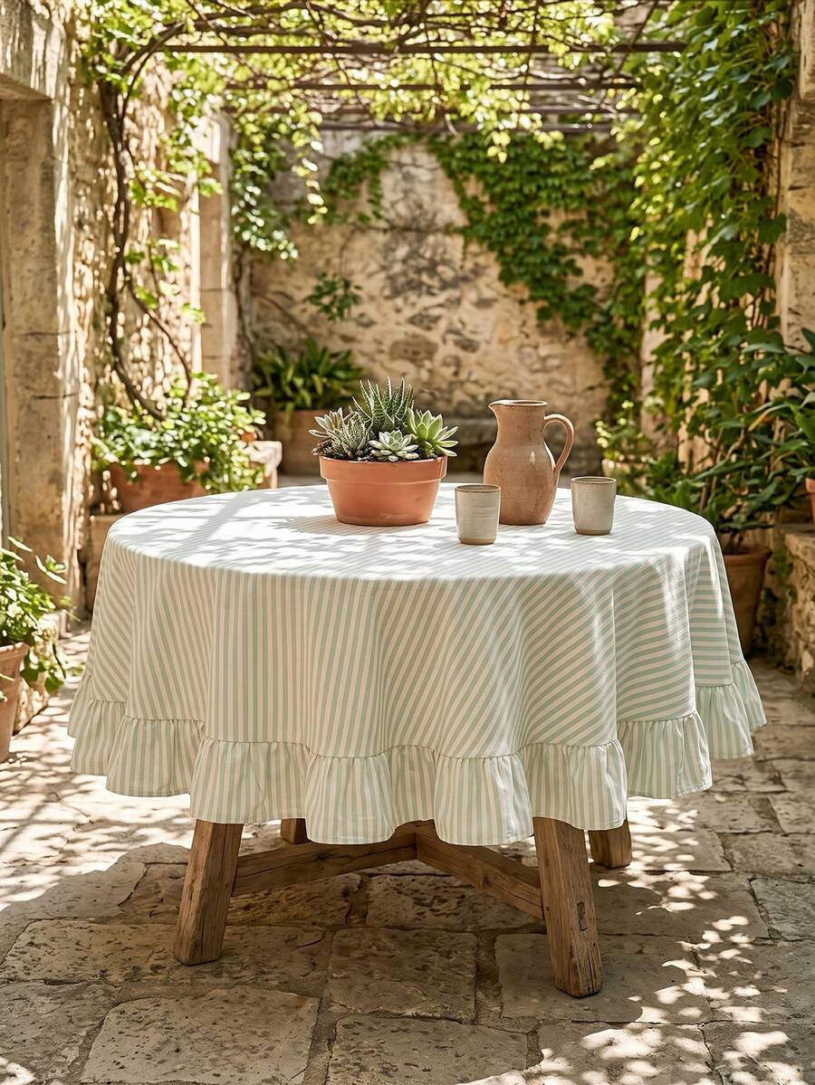 1pc Light Blue Green White Fine Striped Round Tablecloth, Fresh Natural Style Fabric Material, Round Ruffle Trim Pleated Detail Decoration, Beautification Function, Outdoor Round Tablecloth Suitable For Outdoor Patio And Natural Pastoral Dining Scenes - Green - View 1