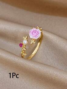 1Pc/Set Elegant Gold Plated Pink Floral Marquise Zirconia Open Ring,Jewelry Set For Women,Party,Daily,Christmas,Wedding,Boho,Valentine Birthday Gifts - Multicolor - View 10