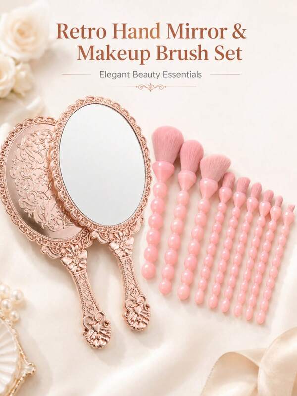 Vintage Elegant Makeup Tool Set, 10pcs Soft Bristle Faux Pearl Handle Makeup Brushes, With Vintage Embossed Double-Sided Hand Mirror, Full Face Eye Makeup Brush Set