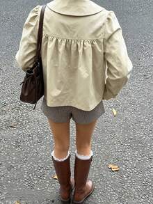 Women's Fashion Cute Peter Pan Collar Long Sleeve Loose Short Casual Jacket - Apricot - View 2