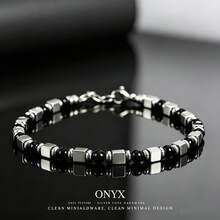 1pc Unisex Black Onyx & Matte Silvery Cube Bead Bracelet , Minimalist Sleek Stackable Jewelry, Gift For Women And Men - Black and White - View 6
