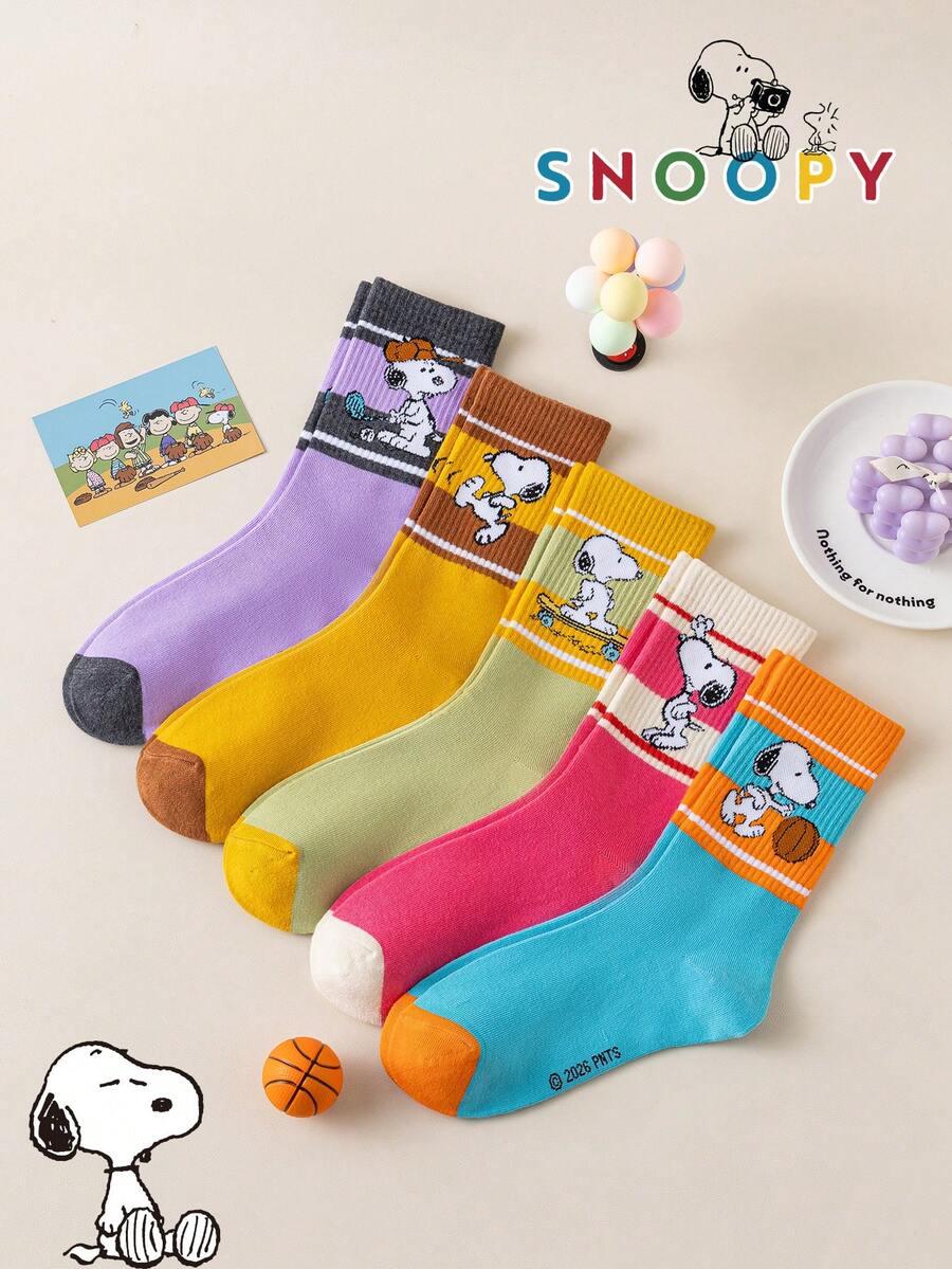 SNOOPY 1/5/10 Pairs Snoop Sock Women's Mid-Calf Socks, Dopamine Color-Block Double Stripe Cute Casual Breathable Fun Gift Socks - Multicolor - View 1