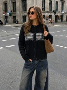 Women's Autumn/Winter New Vintage Preppy Style Cable Knit Contrast Color Cardigan, Round Neck Single-Breasted Loose Knit - Black - View 4