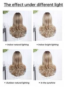 24 Inch Long Wavy Bangs Wig, Dark Root, Brown To Golden Brown Gradient, Heat-Resistant Synthetic Fiber Wig, Suitable For Daily Wear, Party, Cosplay And Other Occasions. (Please Note: Due To Lighting And Angle During Shooting, The Actual Product May Differ Slightly From The Image) - Blonde Highlight - View 10