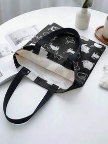 1pc Cartoon Cat Print Black Canvas Tote Bag, Lightweight Durable , Multi-Use Shoulder/Hand Bag For Students, Commuting & Daily Shopping - Black and White - View 5