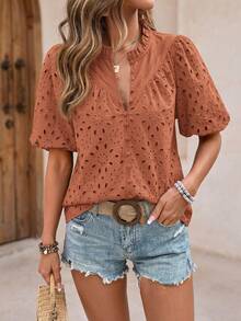 PRETTYGARDEN Women's Summer Clothes Tops Fashion Casual Short Sleeve V Neck Buttons Hollow Eyelet Lace Embroidered Blouses Shirts Festival  Beach Vacation - 磚紅色 - 查看 6