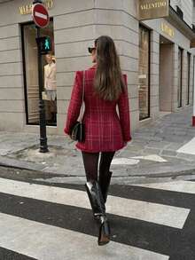 Women's Red Plaid Woven Double-Breasted Long Sleeve Jacket With Tassel Trim, Perfect For Autumn/Winter - Red - View 4