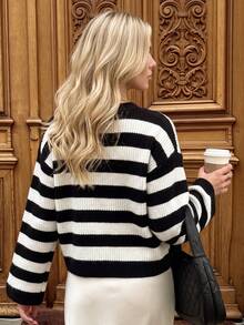 Nicenter Women's Winter V-Neck Black & White Striped Button-Front Knit Cardigan Sweater, Long Sleeve Top Jacket, Casual Daily Christmas Thanksgiving - Black and White - View 2