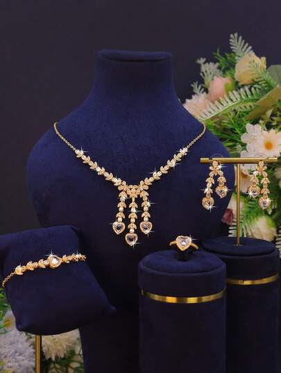 Set de 5 piese cu design în formă de inimă: colier, brățară, cercei și inel, realizat manual cu zirconiu cubic incrustat, stil regal de lux, potrivit pentru banchet, nuntă și cadou de aniversare pentru femei