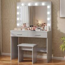 White Dressing Table Set With LED Lights Mirror, Vanity Makeup Table 2 Large Drawers And Stool - Light Grey - View 2