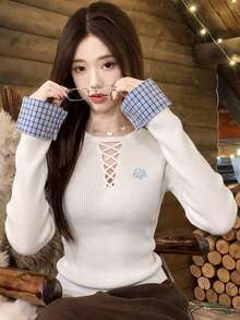 Women's Ribbed Knit Sweater Round Neck Long Sleeve Top With Cross Tie Hollow Design Plaid 2 In 1 Cuffed Sleeves Slim Fit Base Layer Sweet Pure Desire Young Lady Spicy Girl Style Autumn Daily Commute Date Inner Wear - White - View 3