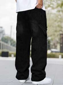 Men's Fashion Distressed Patchwork Embroidered Wide Leg Plus Size Jeans - Black - View 2