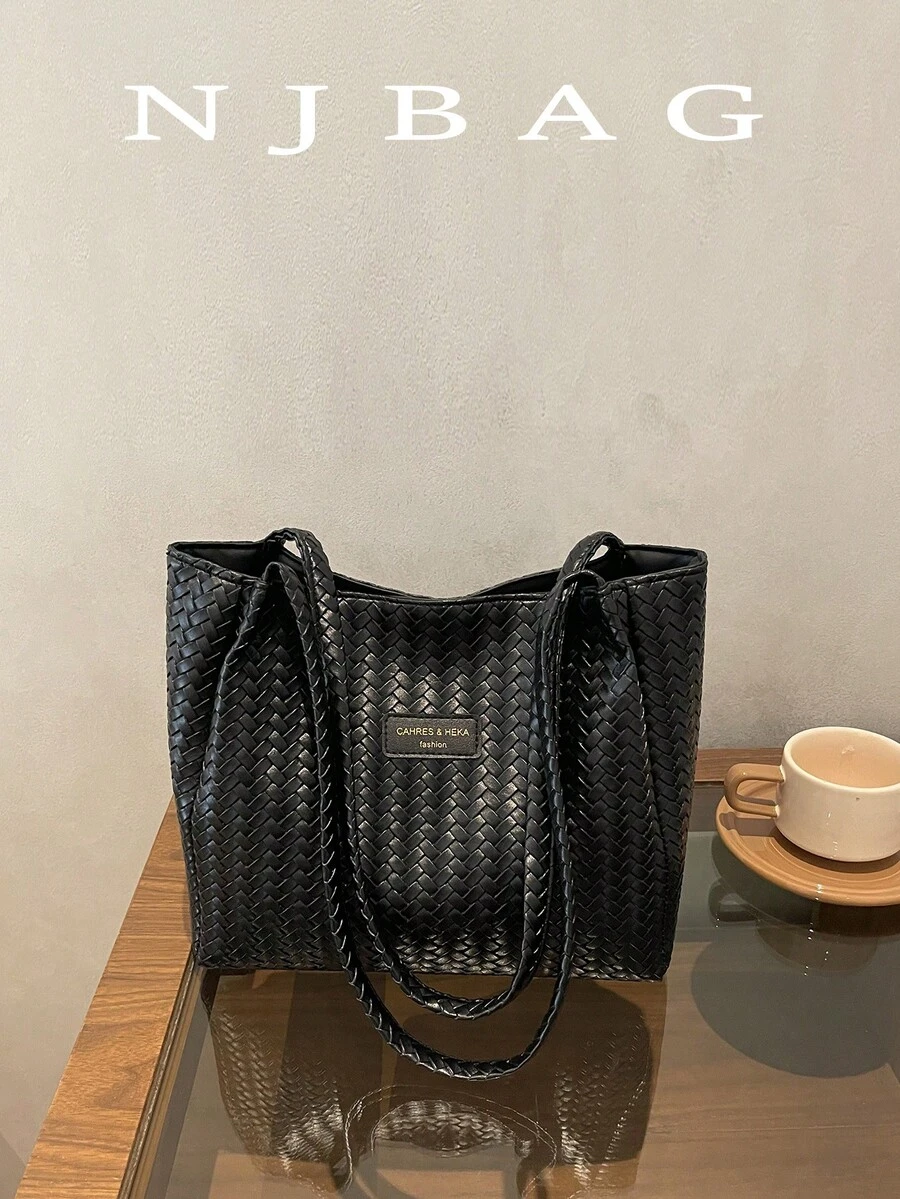 時尚純色大容量編織托特包，金屬裝飾，單肩包，適合女性購物、通勤上班與日常使用，適合學生校園使用