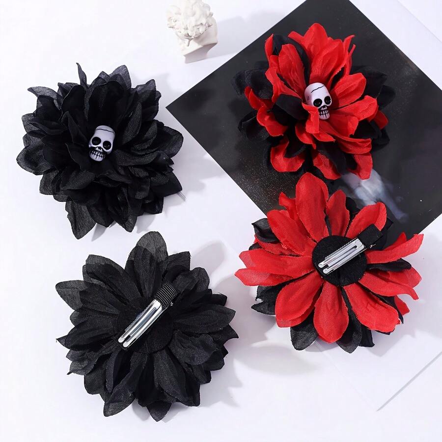 1pc Halloween Dark Skull Flower Hair Clip, Black & Red Fabric Large Flower Side Clip, Gothic Subculture Party Costume Head Accessory - Multicolor - View 1