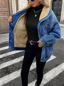 HAPPY GIRL#Autumn/Winter Versatile Fashionable College Style Daily Commute Women's Casual Comfortable Fleece Lining Warm Denim Long Sleeve Jacket - Blue - View 3