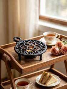 Vintage Cast Iron Teapot Warmer Hollow Scroll Pattern Portable Metal Stove Rack Suitable For Coffee Pots And Small Kitchen Utensils, Desktop Candle Heating Stand, Heat-Resistant Hot Plate Rack Home Kitchen Decor, Suitable For Dining Table Countertop - View 1