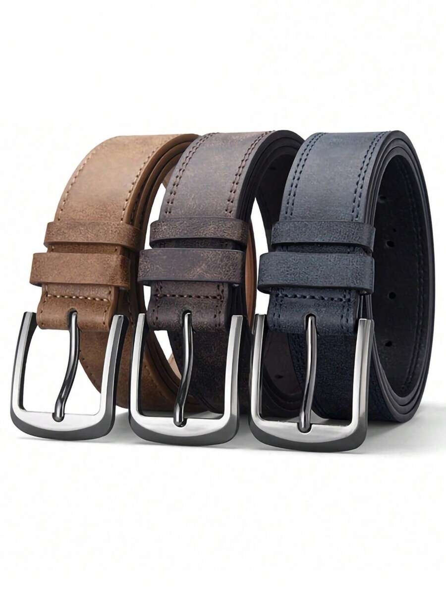 3pcs Men's Designer Casual Belt Set, Metal Buckle, High-Quality Faux Leather Fashion Luxury Belt, Suitable For Daily And Formal Occasions - 3pc (Black + Khaki + Coffee) - View 1