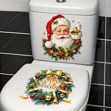 1pc Christmas Toilet Decor Sticker, Santa Claus & Christmas Wreath Bell With Merry Christmas Element, Self-Adhesive Decor Sticker For Bathroom - Multicolor - View 2