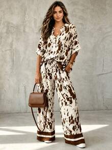 HUTENER Women's 2-Piece Set, Spring/Summer Casual Outfit, Summer Women's Clothing, Striped Patchwork Print Elastic Waist Pocket Wide Leg Pants, Daily Outdoor Vacation Elegant Style - Brown - View 2