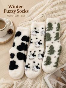 Soft And Comfortable Plush Socks Featuring Various Patterns, Including Cow Prints And Cartoon Dinosaurs; These Soft, Fluffy, And Cozy Indoor Socks Are Perfect For Lounging At Home Or In The Dorm, As Well As For Autumn, Winter, And Everyday Wear. - Multicolor - View 5