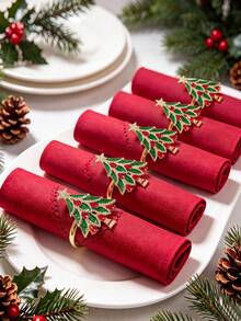 4pcs Christmas Tree Design Napkin Rings With Red Diamond And Enamel Decoration, Suitable For Birthday, Wedding, Thanksgiving, Christmas, Easter, Halloween, Banquet, Buffet Table Exquisite And Minimalist Decor - Multicolor - View 1