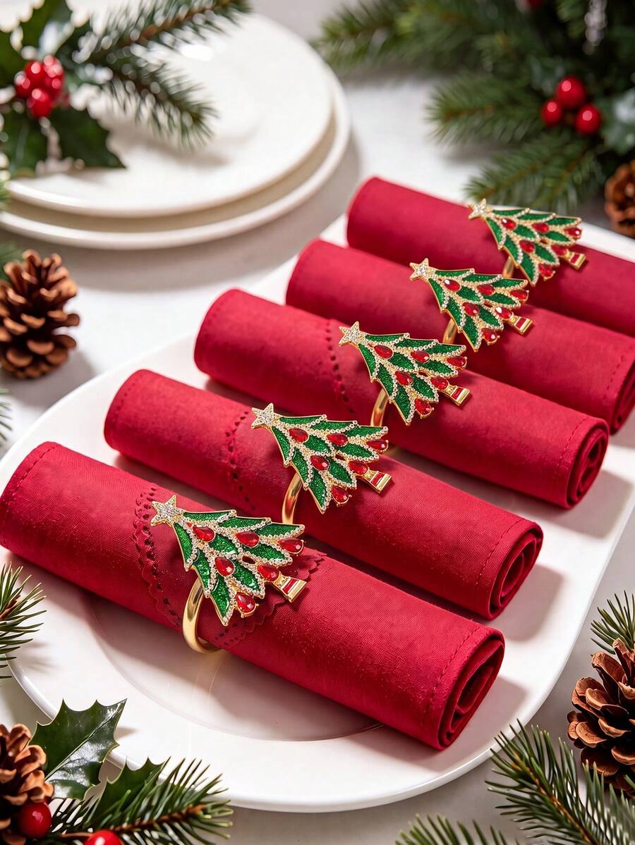 4pcs Christmas Tree Design Napkin Rings With Red Diamond And Enamel Decoration, Suitable For Birthday, Wedding, Thanksgiving, Christmas, Easter, Halloween, Banquet, Buffet Table Exquisite And Minimalist Decor - Multicolor - View 1