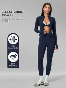 MFVIM Women's Seamless Triangle Cup Wireless Bra + Leggings + Jacket 3-Piece Fitness Set - dark blue - View 3
