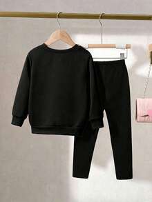 Bộ áo tay dài cổ tròn in hoạt hình và quần legging cho bé gái - màu đen - Xem 2