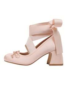 Women's Ballet High Heels Mary Janes Elegant Satin Lace Up Ballerina Chunky Heels Bow Knot Sweet Cute Party Date Versatile Shoes For Women - 杏色 - 查看 7