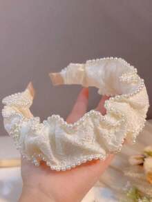 1pc Pearl Large Bow Cream White Vintage Versatile Headband - White - View 2