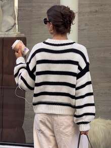 Women's Striped Chunky Knit Cardigan, V-Neck Button-Up Loose Fit Oversized Sweater, Casual French Style Autumn Outerwear - Black and White - View 9