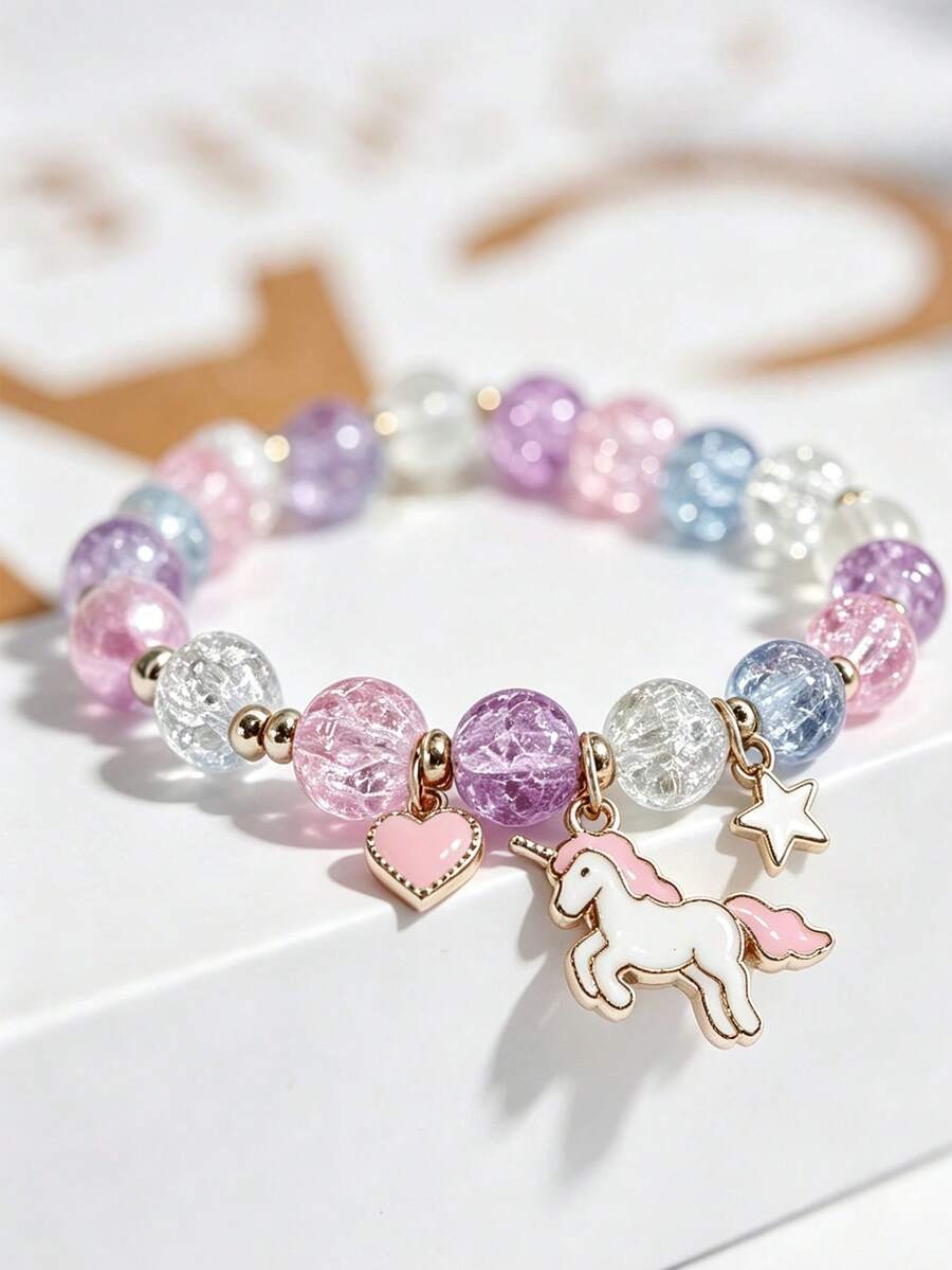1pc Unique Fashion Firework Crystal Beaded Bracelet Girls Friendship Bracelet Unicorn Star Moon Cloud Flower Jewelry (Bead Color Random) - Multicolor - View 1
