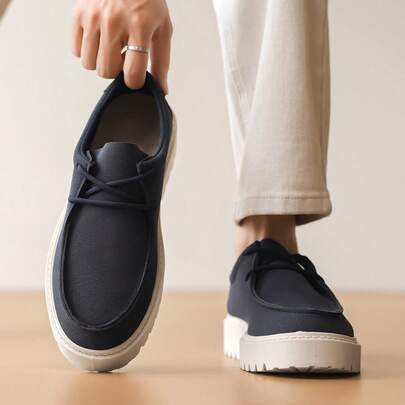 Sepatu Pria Bertali Sol Tebal Warna Polos, Sepatu Kasual Minimalis Penambah Tinggi Badan, Cocok untuk Kantor dan Perjalanan