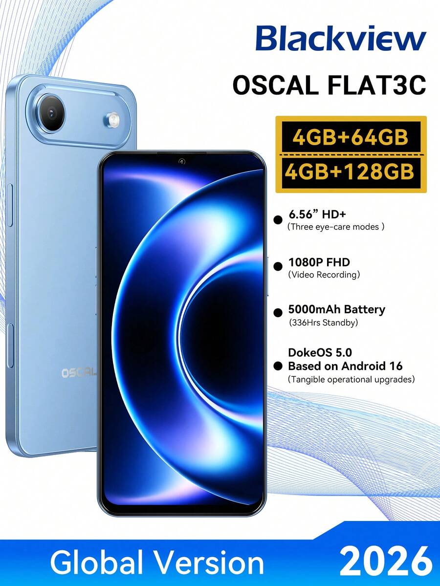 Blackview OSCAL FLAT 3C 解鎖 4G 智慧型手機，Android 16 系統，6.56 吋 HD+ 螢幕，八核心處理器，4GB+8GB 可擴充記憶體，64GB/128GB ROM，最高支援 1TB SD 卡擴充，13MP+32MP 雙鏡頭，側邊快捷鍵，5000mAh 大電池，3 個卡槽，雙卡雙待（不含充電器）