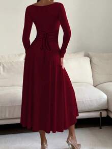 French Elegant Waist-Cinching High-Waisted Fitted Elegant Spaghetti Strap Square Neck Solid Color A-Line Midi Dress For Women - Burgundy - View 6