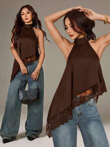Blusa sin mangas elegante de cuello alto asimétrico con tirantes tipo halter y ribete de encaje en color amarillo pálido para mujer, para fiesta de noche, cóctel, invitada de boda, verano y otoño, para mujeres de talla pequeña - Marrón - Ver 1