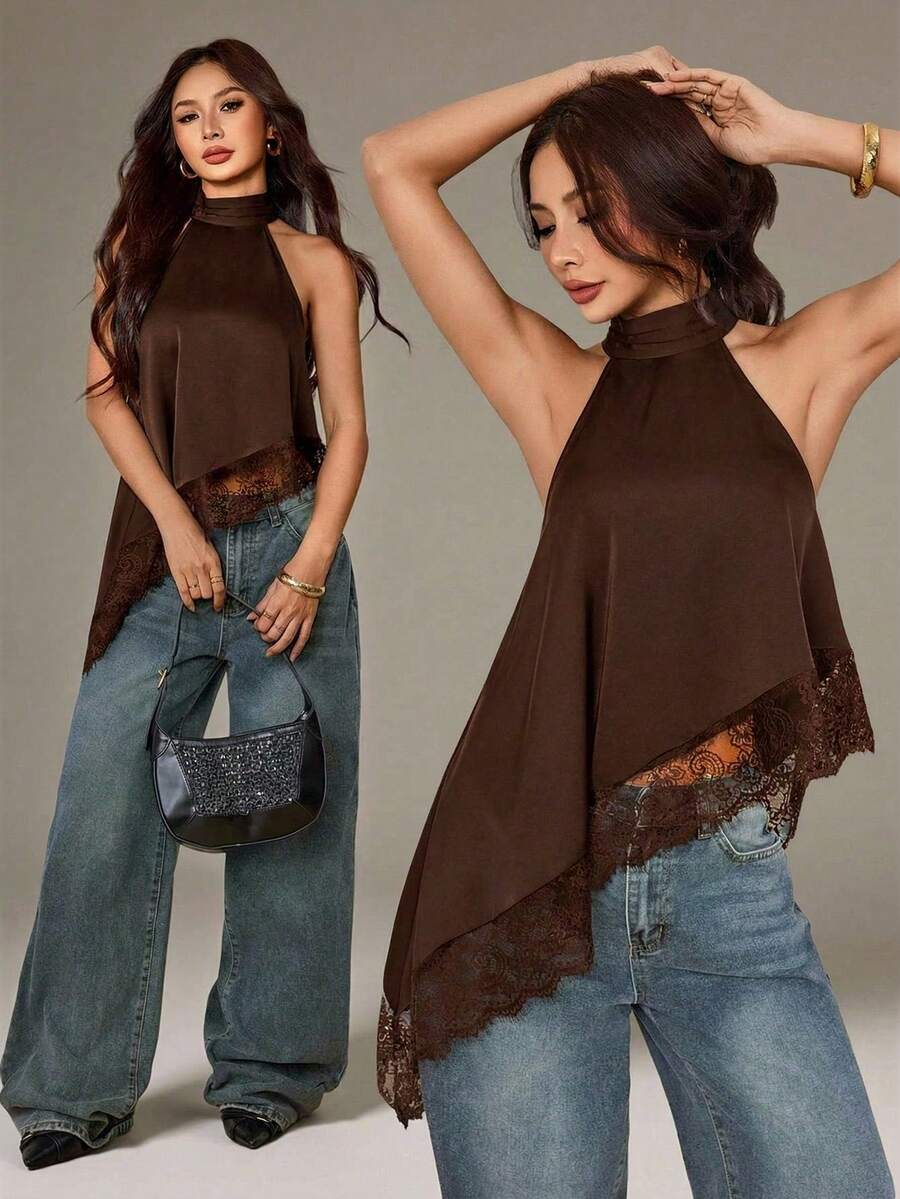Blusa sin mangas elegante de cuello alto asimétrico con tirantes tipo halter y ribete de encaje en color amarillo pálido para mujer, para fiesta de noche, cóctel, invitada de boda, verano y otoño, para mujeres de talla pequeña - Marrón - Ver 1