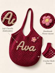 1pc Personalized Crochet Tote Bag, Customized Name Embroidered Woven Beach Shoulder Bag, Lightweight Reusable Summer Shopping Gift, Suitable For Women - Multicolor - View 8