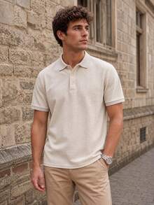 Men's Summer Short Sleeve Polo Shirt, Slim Fit Button Front Design, Suitable For Casual Daily Wear - Apricot - View 2